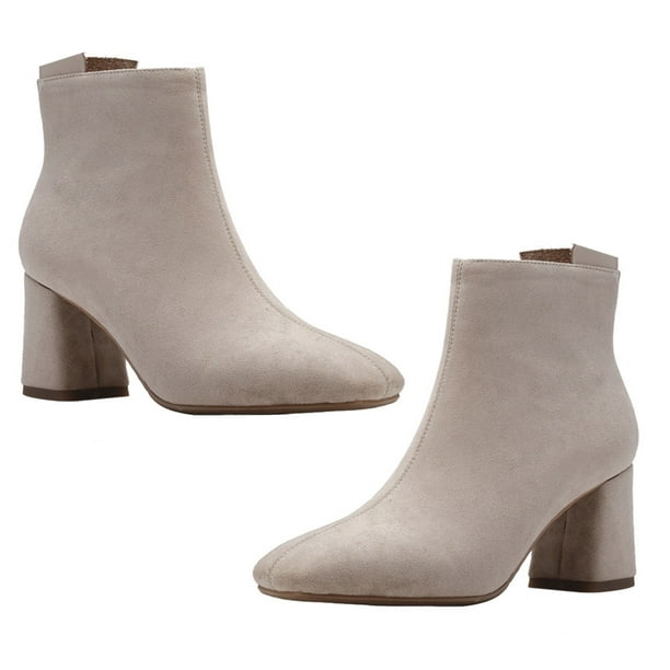 1 par de botas de punta cuadrada, zapatos de tacón grueso, botas de tacón medio, botines de mujer