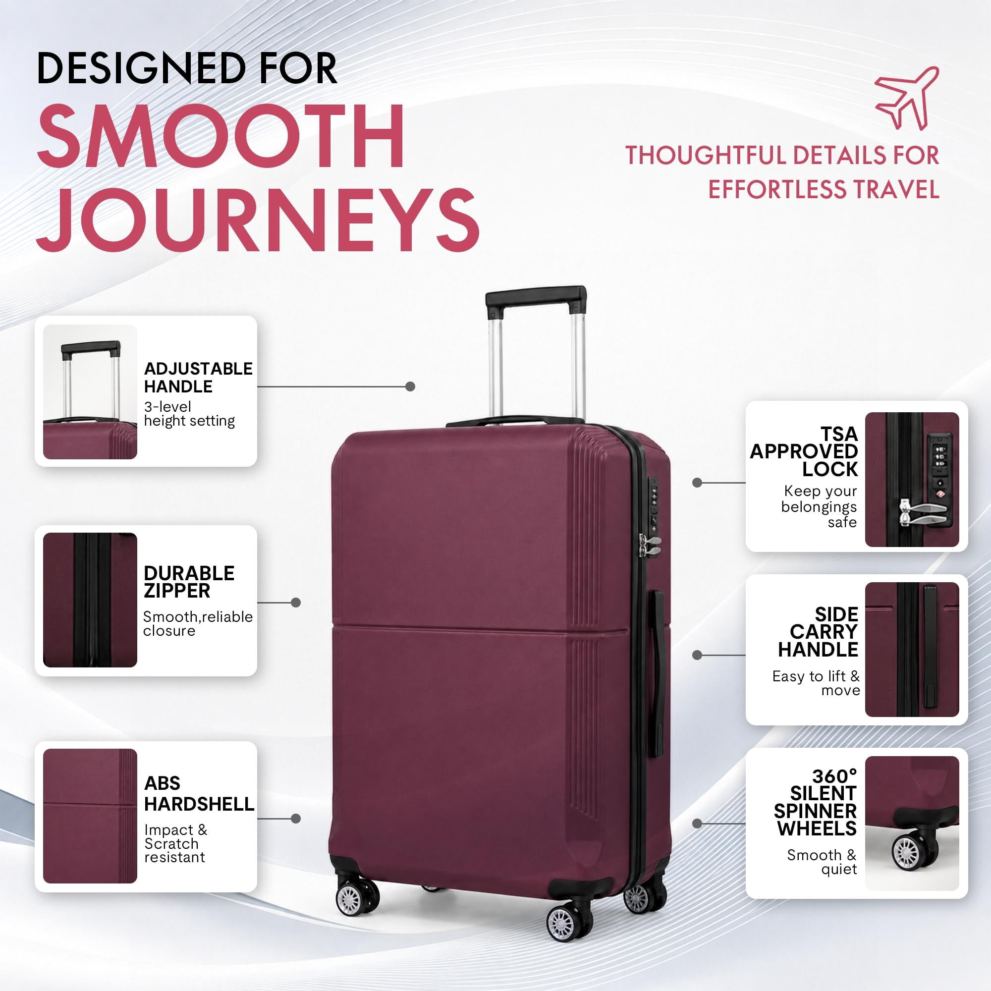 3-Piece ABS Hardshell Luggage Set, Lightweight Scratch-Resistant Suitcases with Silent Spinner Wheels & TSA Lock, Purple