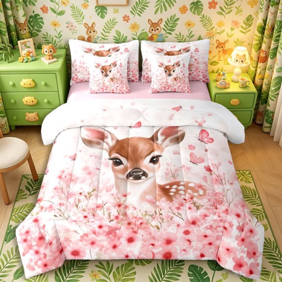 Castle Fairy Dreamy Cherry Blossom Deer 7-Piece Twin Bedding,Cute Floral Animal Bedding Comforter Set,Pale Pink Cream,Pink Reversible