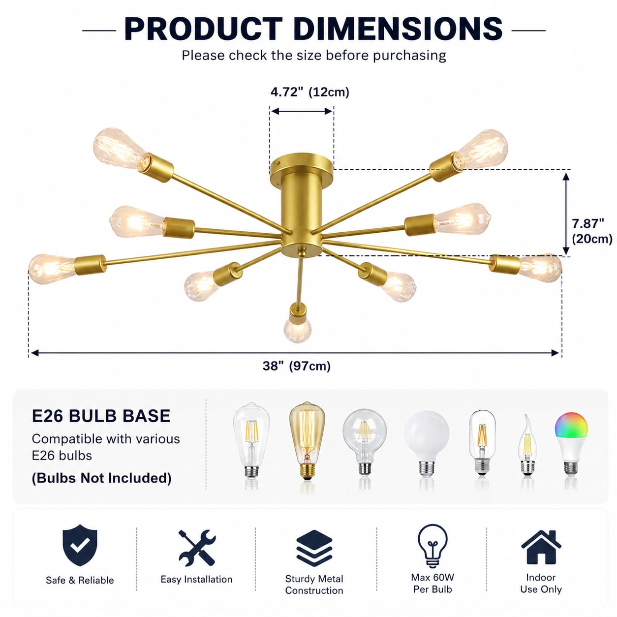 Garwarm 10-Light Gold Sputnik Chandelier, Modern Semi Flush Mount Ceiling Light, Industrial Ceiling Lighting Fixture for Dining Room, Living Room, Bedroom, Kitchen, Foyer