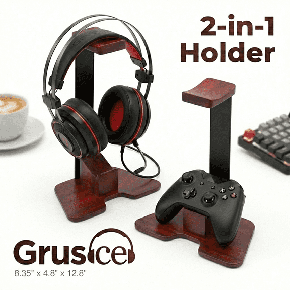 Grusce Headset Stand with Gaming Controller Holder, Wood Gaming Headphone Stand with Storage Base, Gaming Equipment Accessories for Desk
