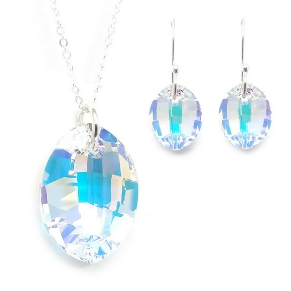 Juego de aretes y cadena con dije corte Hoja ZVEZDA plata mexicana ley .925 cristal Swarovski Aurora Boreal