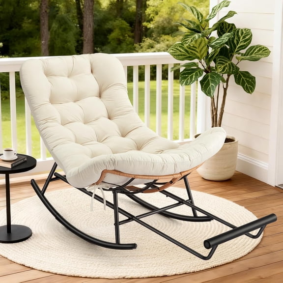 IdealHouse Papasan Rocking Chair with Footrest - Indoor/Outdoor PE Rattan Metal Frame with Cushion, Lounge Chair for Patio/Garden/Living Room, Beige - Polyester