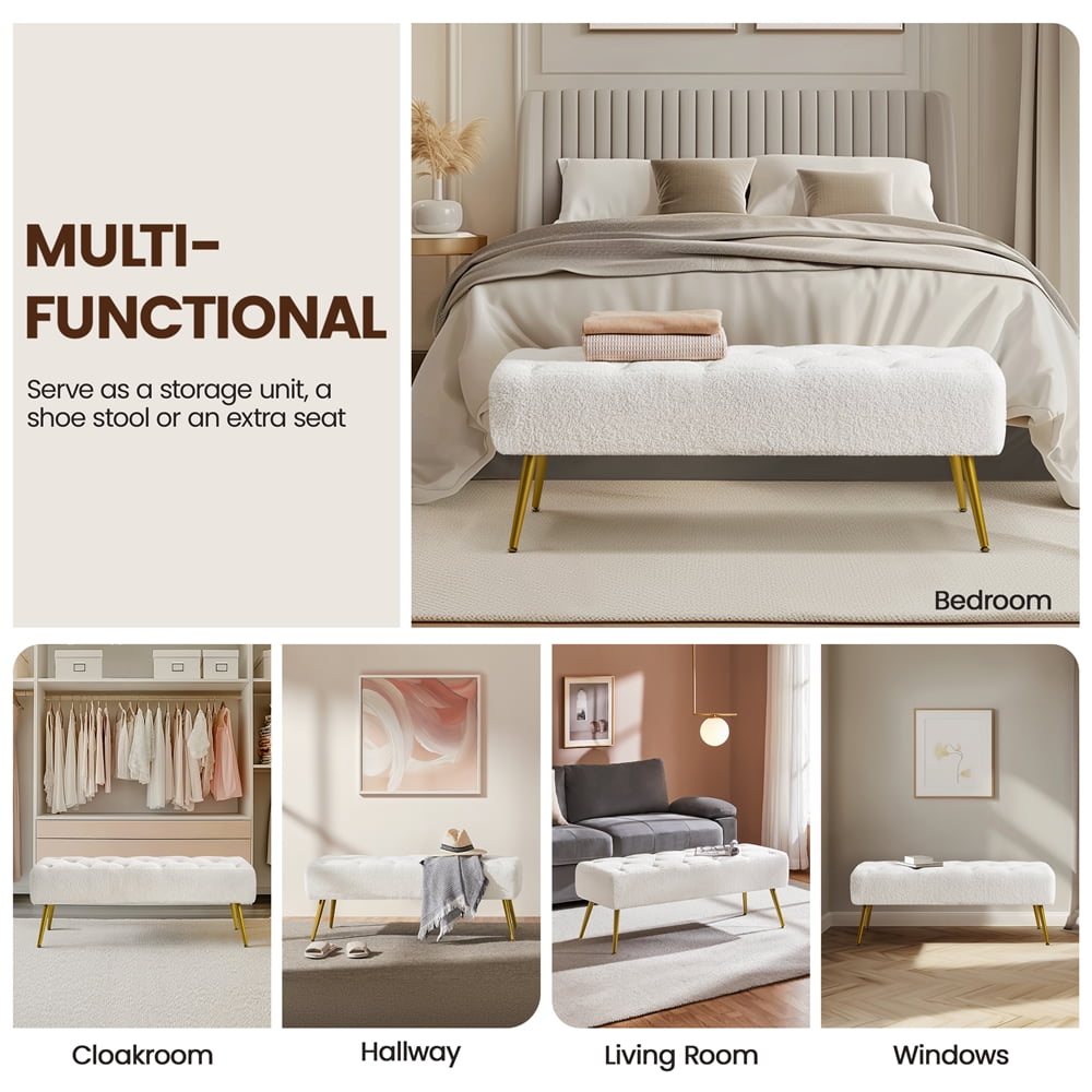 Yaheetech Boucle Upholstered Button Tufted Footstool Bench for Bedroom, Ivory