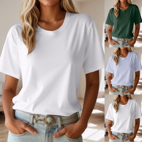RTKFRFLM Women's 100% Cotton T-Shirt Summer Round Neck Short Sleeve Solid Color Basic Tee Casual Loose Fit Pullover Top Trendy Ladies Versatile Daily Wear Blouse