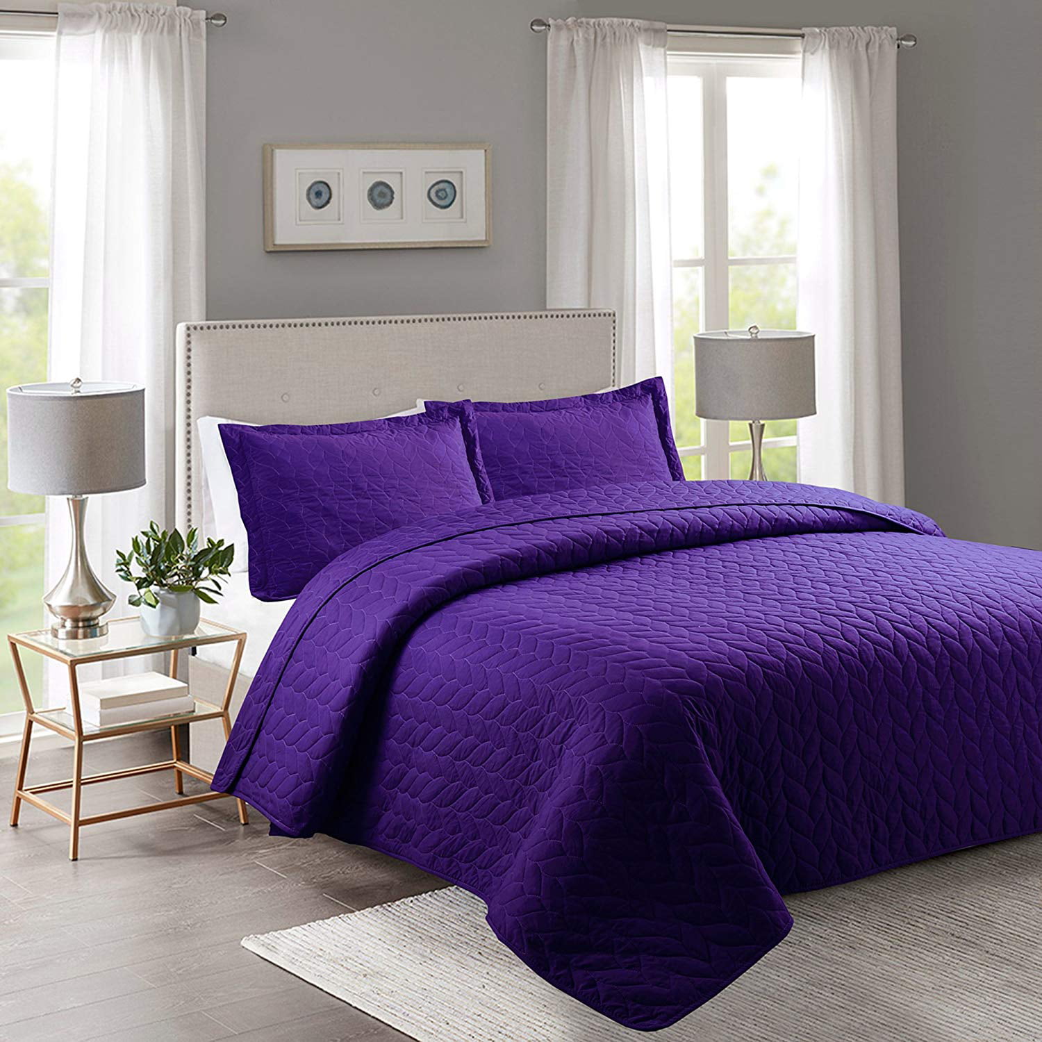 NENA PURPLE Solid Hypoallergenic Quilt Bedspread Bed Bedding Coverlets Cover