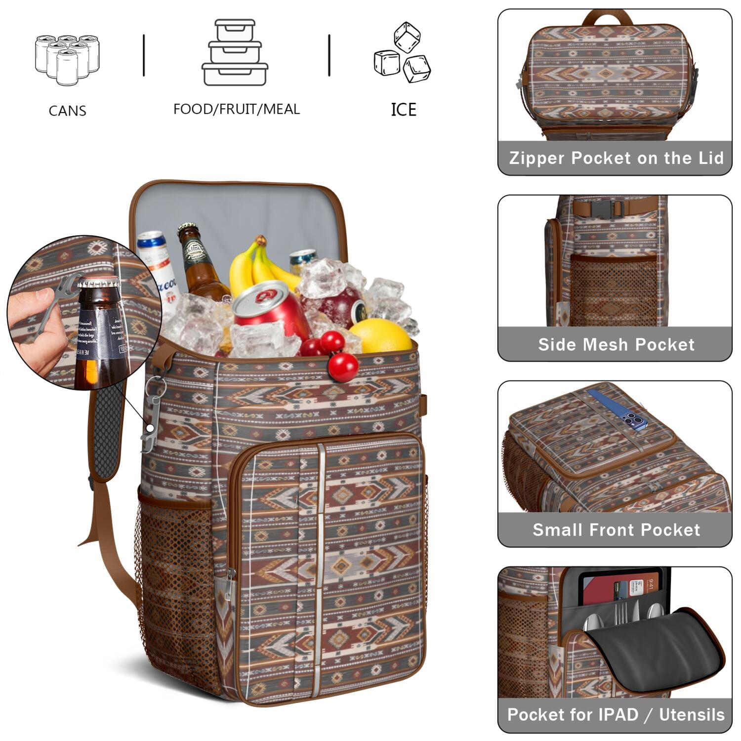 Travel Cooler Bag - Boho Bohemia Pioneer Flower Geometric Line Art Camping Beer Cooler Backpack with Bottle Opener- Waterproof Insulated Picnic Backpacks - Cooler Bag for Beach