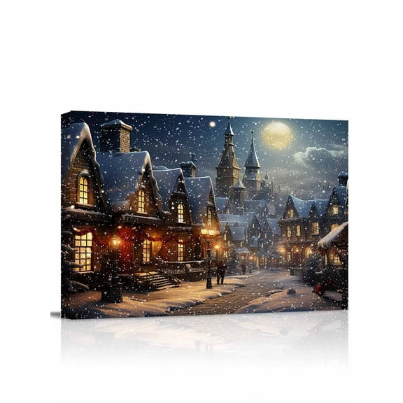 Christmas Snow Canvas Print Wall Art Framed Canvas Art Wall Decor Covered Night Town Street Moon Pictures Painting Morden Artwork for Living Room Bedroom, Ready to Hang - 12"x16"