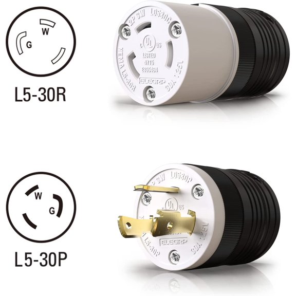 GHRTGR-NEMA L5-30P & NEMA L5-30R Locking Plug and Connector Set, Generator Twist Lock Plug Socket, 30 Amp 125V 2 Pole 3 Wire Grounding, Industrial Grade Heavy Duty, UL Listed (1 Set, Black/White)