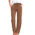 thumbnail image 3 of Women's 100% Cotton Solid Loose Fit Drawstring Pants with Pockets, Mid Waisted Elastic Casual Trousers, Lounge Work Wear | VerBelle,Coffee 3XL, 3 of 9