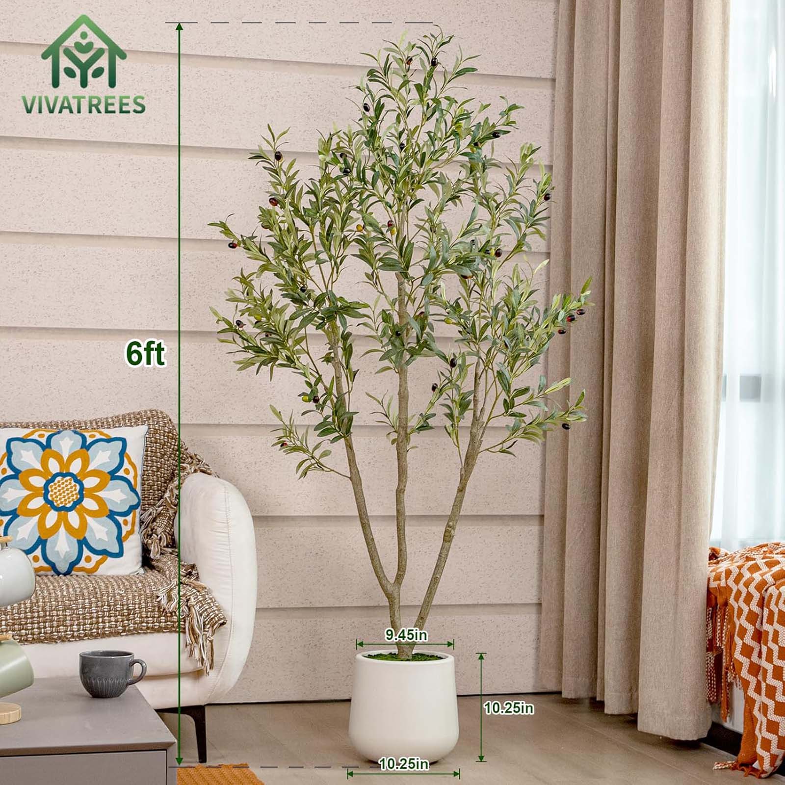 VIVATREES 6FT Artificial Olive Tree Faux Olive Plant Realistic Leaves Silk Tree with White Pot Planter Lifelike Green Leaves & Olive Fruits for Home Office Decor, Interior Outdoor Decoration