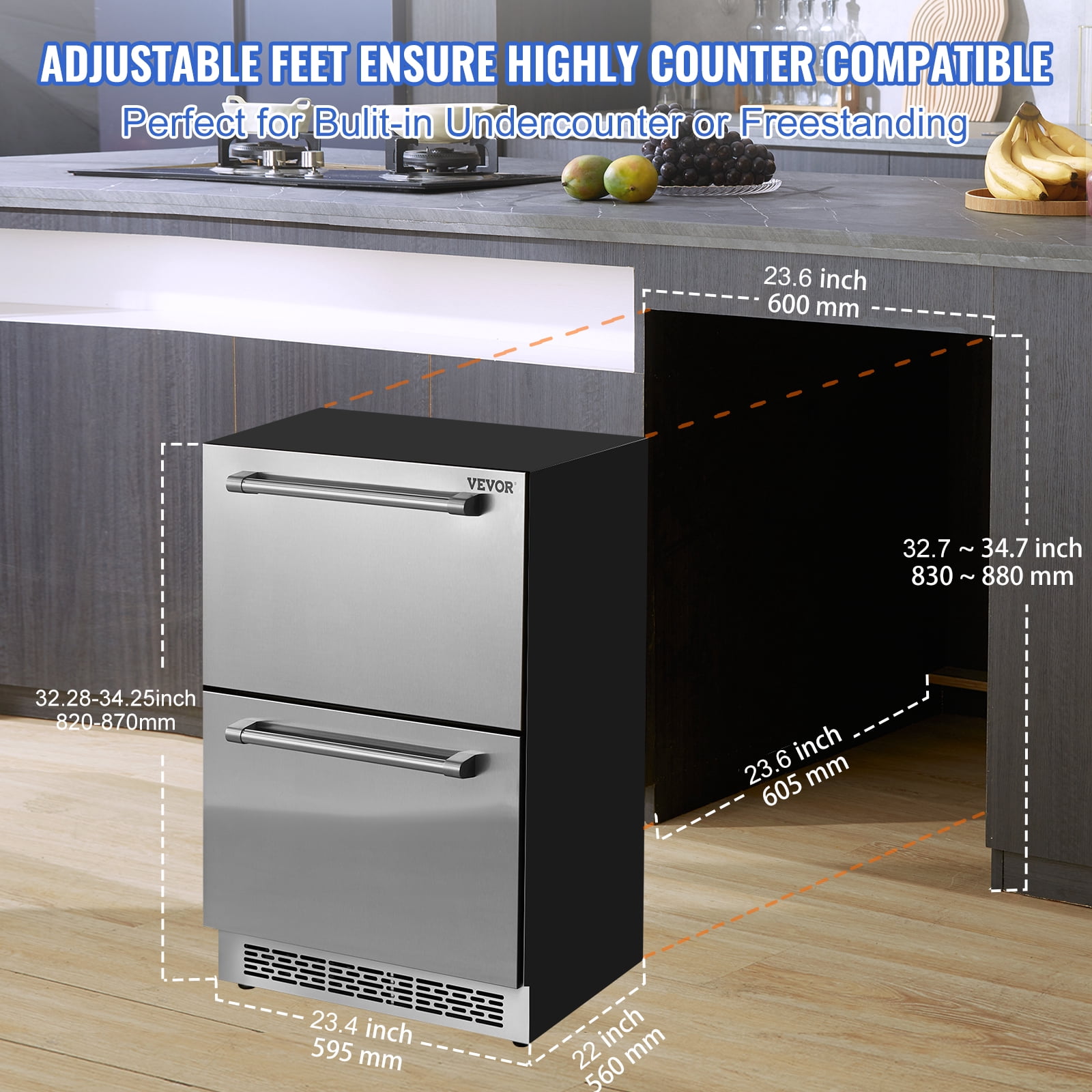 BENTISM Dual Drawer Refrigerator, Stainless Steel, 5.12 cu ft