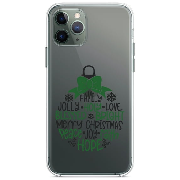 DistinctInk Clear Shockproof Hybrid Case for iPhone 13 Pro MAX (6.7" Screen) - TPU Bumper Acrylic Back Tempered Glass Screen Protector - Christmas Words Ornament Black Green