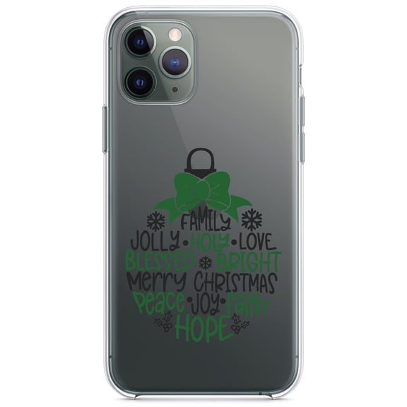 DistinctInk Clear Shockproof Hybrid Case for iPhone 12 MINI (5.4" Screen) - TPU Bumper Acrylic Back Tempered Glass Screen Protector - Christmas Words Ornament Black Green