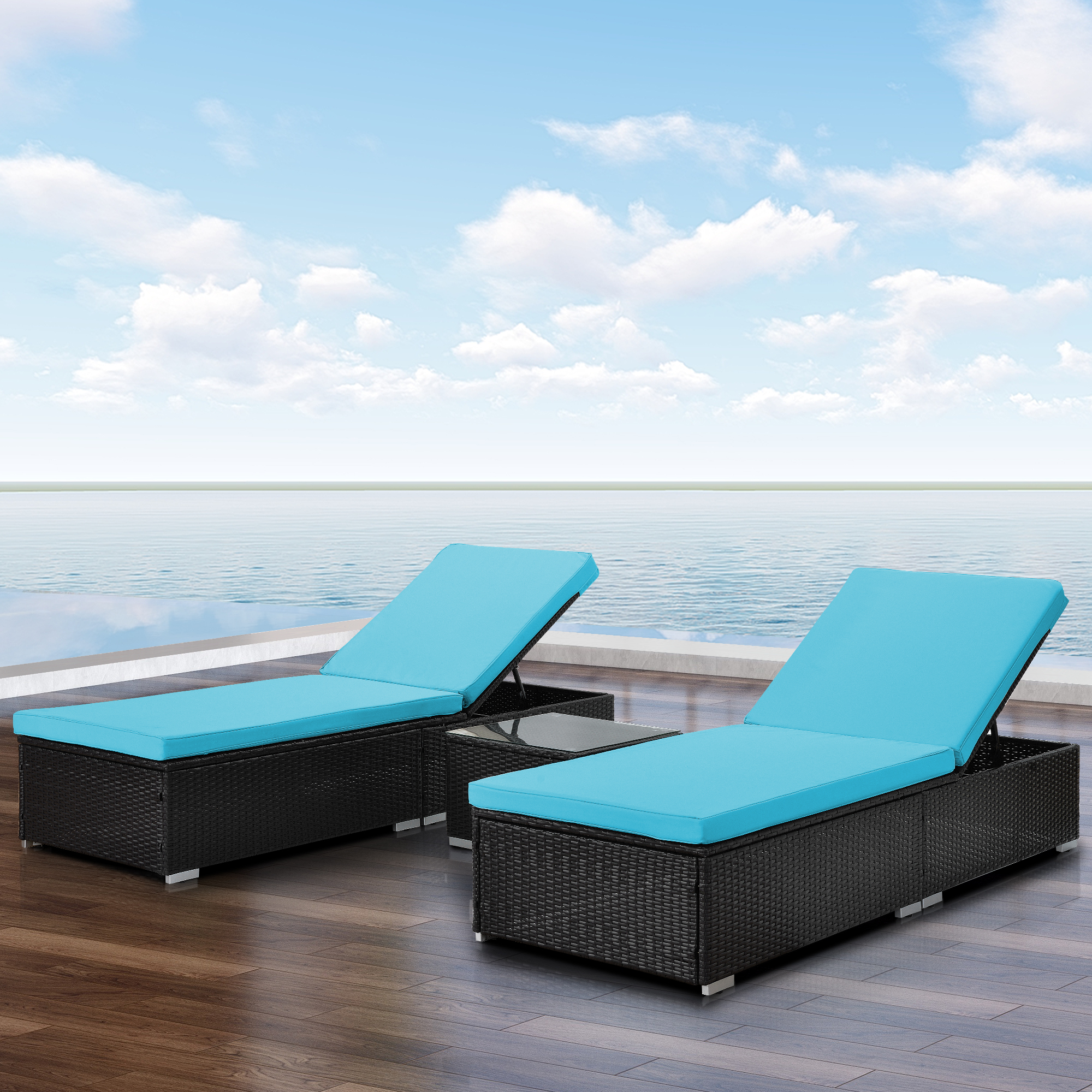 YOFE Chaise Lounge Chairs, 3 Pcs Patio Chaise Lounge Set, Outdoor Lounge Chair Set with Blue Cushions and Table, Rattan Wicker Lounge Chair, Outdoor Indoor Adjustable Rattan Reclining Chairs, R5736 - image 2 of 13