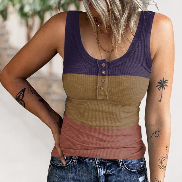 Haut Sans Manches Côtelé pour Femmes, Camisole Basique à Boutons Col Rond Décontracté Extensible pour Quotidien Dégradé Bleu, Dégradé Rose, Dégradé Rouge, Dégradé Violet, Rose Bleu, Noir Blanc