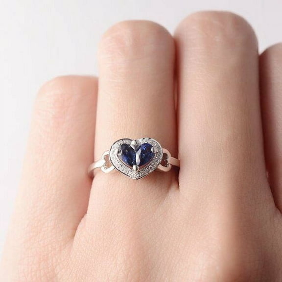 HeartsAndYou 1ct Natural Blue Sapphire Engagement Ring 14k SOLID White Gold Halo Heart Shape