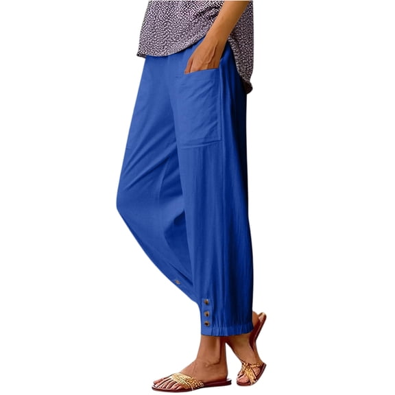 Hogleaql Women's Cotton Linen Culottes Pants Comfy Capri Pants Straight Leg Elastic Waist Fashion Vacation Baggy Beach Pants with Pockets Army Green L