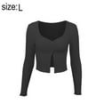 thumbnail image 2 of Women's V Neck Long Sleeve Button Front Ribbed Knit Crop T-Shirt Tee, 2 of 5