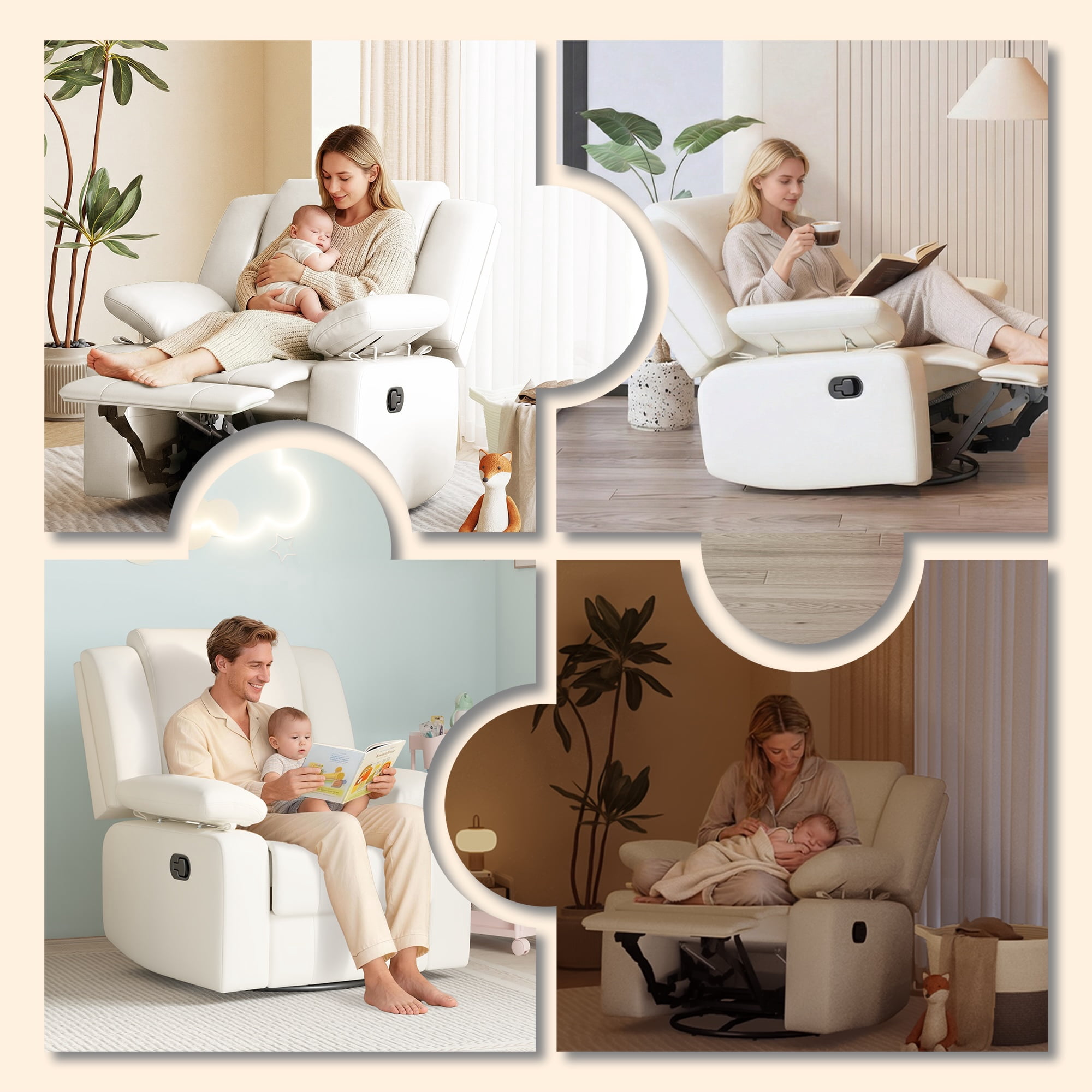 LAZZO Recliner Chair with Adjustable Armrest and Headrest, Upholstered Swivel Rocking Chair for Nursery & Living Room, Beige