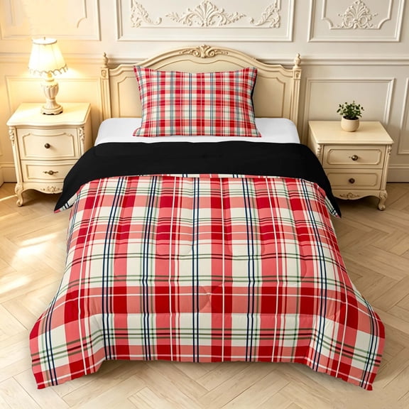 Manfei Minimalist Plaid Twin Comforter Sets,Vintage Check Art Bedding Set,Red,Black Reversible,2 Pieces,1 Comforter and 1 Pillowcase,2 Pieces,1 Comforter and 1 Pillowcase