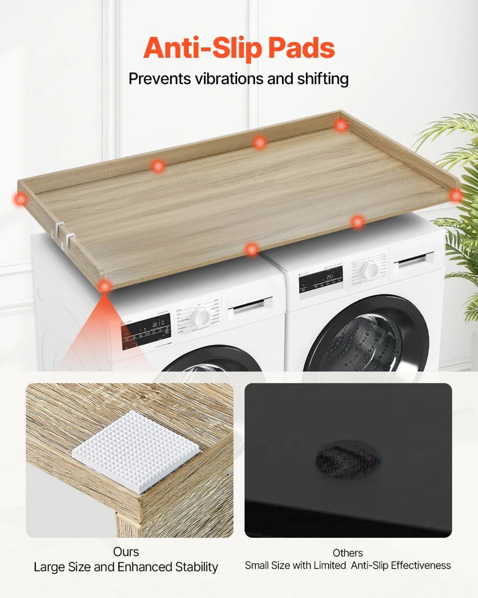 Washing machine countertop, drying machine solid wood countertop, with multi-functional hooks, suitable for all front-loading washing machines and dryers, oak