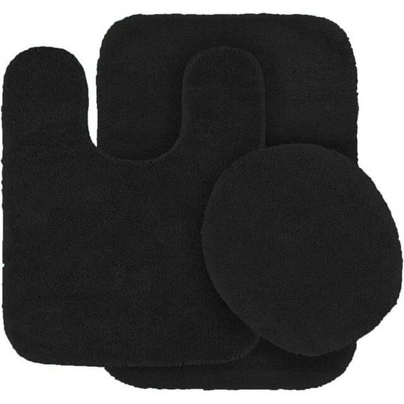 ZYPPP 3-Piece Solid Bathroom Bath Mat Set – Plush Contour Rug with Toilet Lid Cover, Non-Slip Absorbent Bath Rugs for Bathroom Floor, Soft Cozy Mats for Tub/Shower Area, Machine-Washable,BLACK