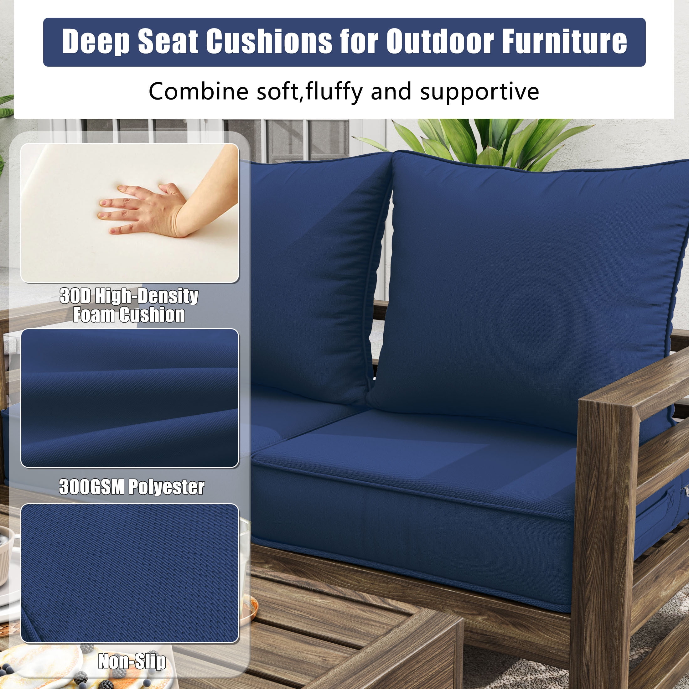 Kimunuk Outdoor Deep Seat Cushion Set for Patio Furniture, Splash-Proof & Fade Resistant, 22" L X 22" W X 4" H, Blue