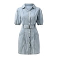 thumbnail image 5 of Women's Classic Blue V-Collar Denim Dress - Short Sleeve Retro Style, Comfortable Fabric for Spring/Summer/Autumn, True to Size Fit, 5 of 8