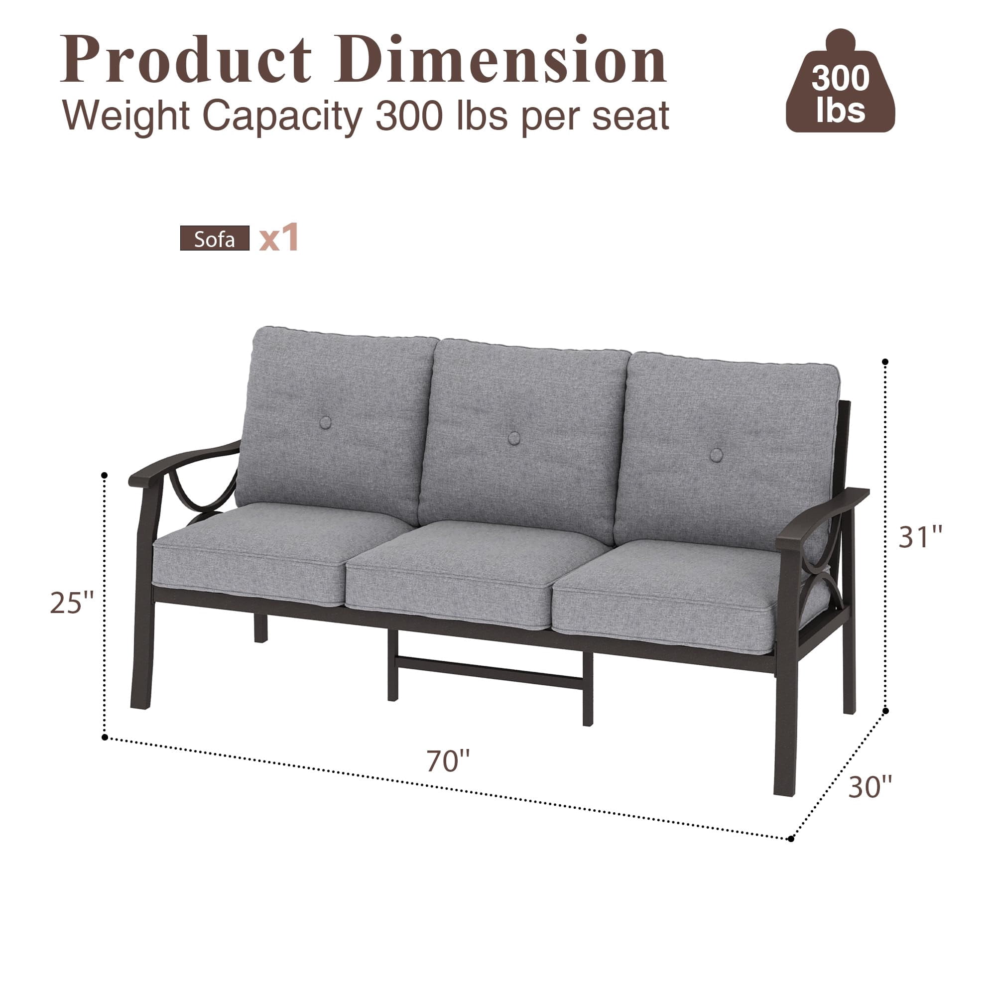 Heynemo Patio 3 Seat Sofa Outdoor Couch - All-Weather Metal Frame - 3 Piece, Gray Cushions