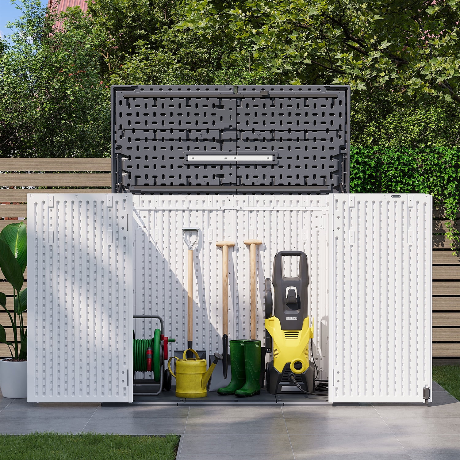 Dateyes 41 Cu.Ft Outdoor Storage Shed, Waterproof Resin Cabinet with Floor for Patio, Garden & Pool, White