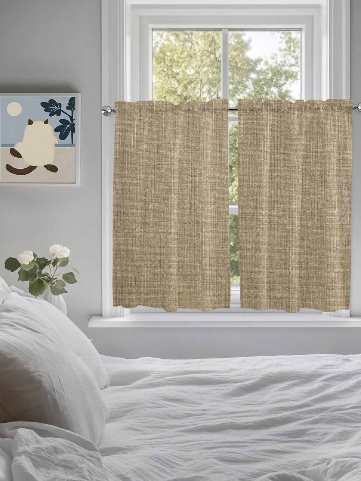 Beige Kitchen Curtains 45 Inches length, Farmhouse Burlap Solid Brown Color Modern Linen Texture Window Treatment Curtain Drapes, Lightweight Window Panels for Living Room Bedroom, 52"x45", 2 Panels