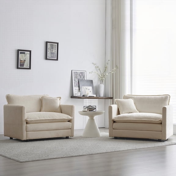 Modern Beige Chenille Armchair Set of 2 with Solid Wood Frame (85×80×75cm) for Living Room
