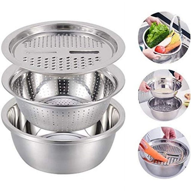 Cuenco de acero inoxidable multifuncional, juego de tamiz de acero inoxidable, 3 piezas, tamiz de cocina, multifuncional, grande, de malla fina, canasta de acero inoxidable, juego de cuenco