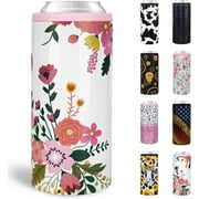 12 oz Slim Can Cooler Stainless Steel Skinny Can Cooler Insulated Beer Can Cooler for Hard Seltzers Unique Pink Flower Gifts for Women and Men