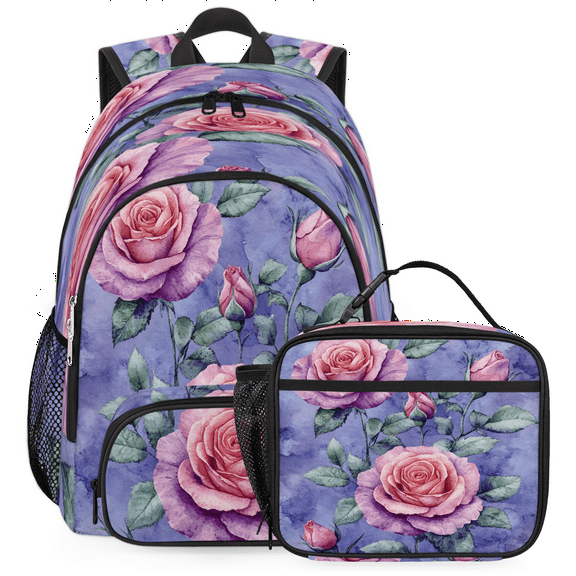Herdesigns Rose Large Backpack Set with Lunch Box Lightweight Water Resistant Travel Laptop Backpacks Casual Daypacks for Women Men, Floral Purple