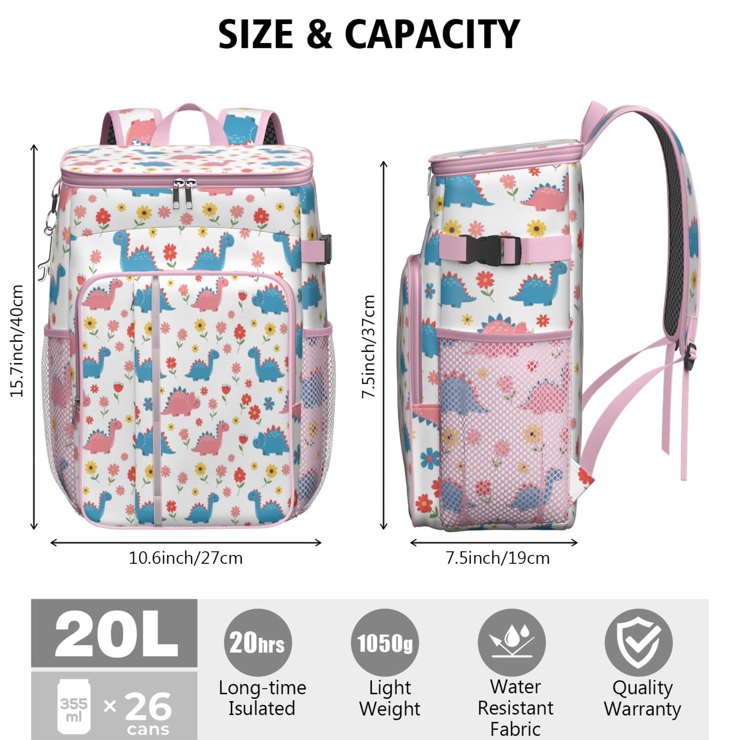 Travel Cooler Bag - White Cartoon Dinosaurs Flowers Pattern Camping Beer Cooler Backpack with Bottle Opener- Waterproof Insulated Picnic Backpacks - Cooler Bag for Beach