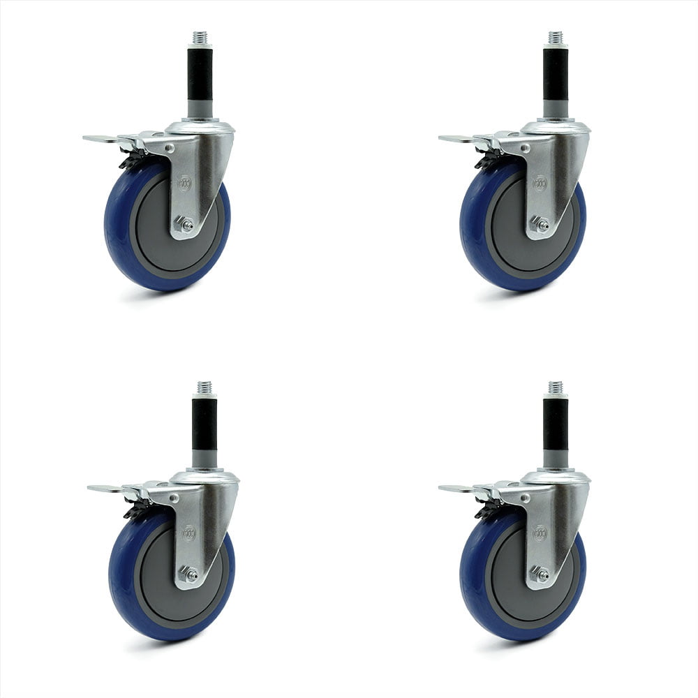 Details about   8 Pack 4 Inch Stem Caster Swivel w/ Front Brake Blue Polyurethane Caster Wheels 