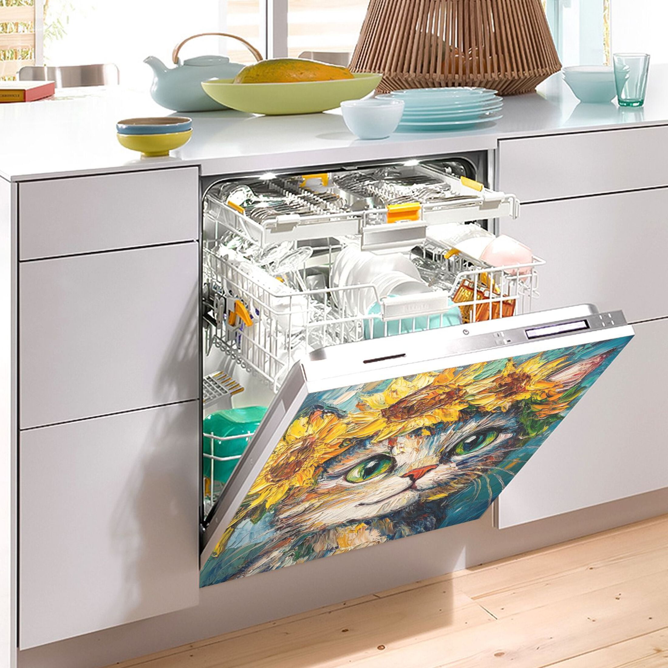 Dishwasher Magnetic Sticker 23x26 Inch Refrigerator Magnetic Sticker Washing Machine Magnetic Sticker Kitchen Panel Magnetic Sticker Home Decor Cute Sunflower Cat
