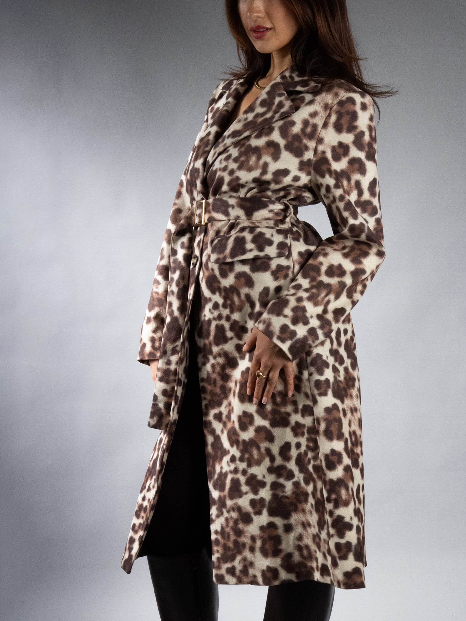 DARING DIVA Women's Fashionable Animal Print Trench Coat M Beige