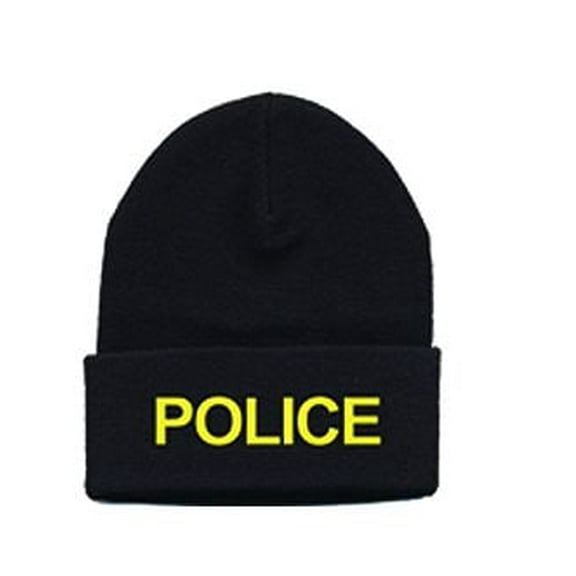 Hero's Pride POLICE Beanie - Black Acrylic Knit Watch Cap with Medium Gold Embroidery, One Size