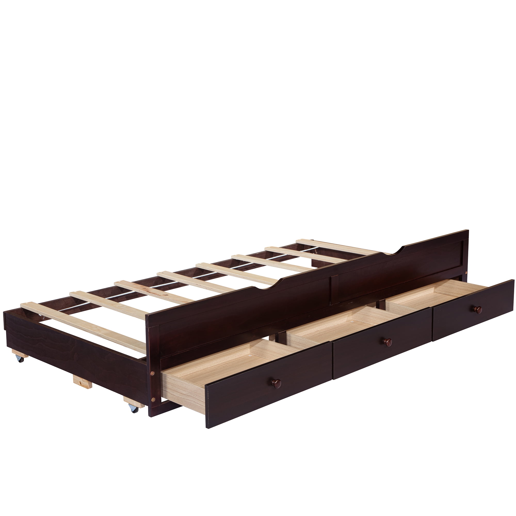 Miniyam Wood Twin Size Bed with Trundle, Storage Drawers for Kids, Espresso