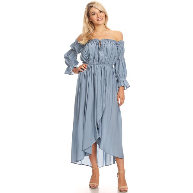 Womens Casual Boho Long Sleeve Off Shoulder Renaissance Peasant Dress, Blue, Small