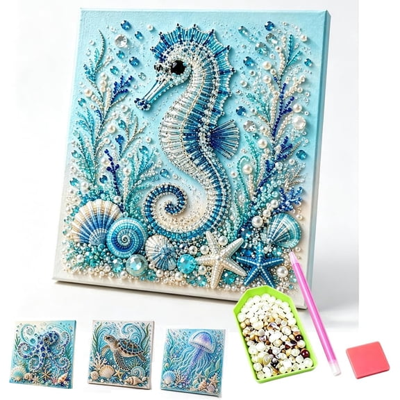 Ocean Theme Pearl Art Diy Kit, 3d Sparkling Coastal Wall Decor Art Diy Kit with Frame