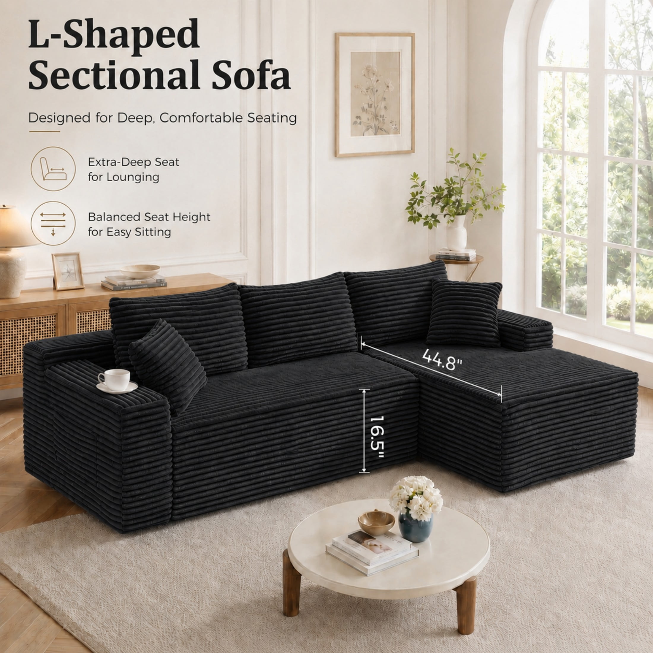 Aenkyo 106 Inch Corduroy L-Shaped Cloud Sectional Sofa with Reversible Chaise, Black