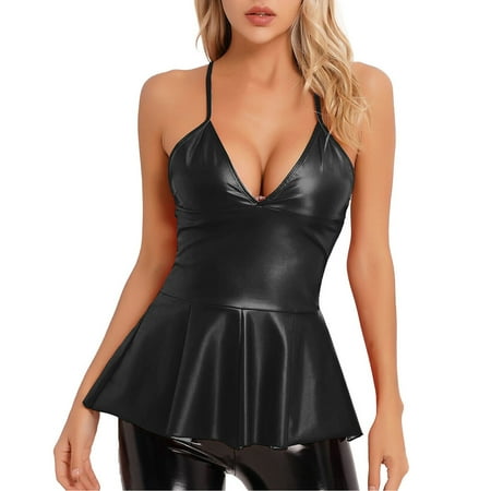 Yuhangmm Women Lingerie Sexy Black Lace Up Leather Backless Teddy Sexy Lady Bodysuit Latex Underwear Corset Lingerie for Women