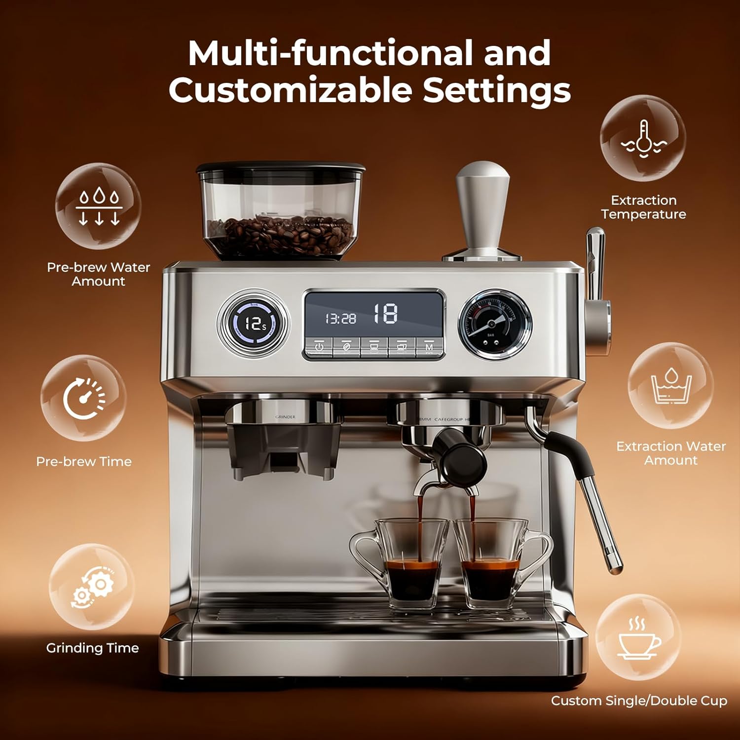 WAA 20 Bar Dual-Boiler Espresso Machine 30 Grinder Settings,Milk Frother,95oz Tank 58MM LED Display,Silver