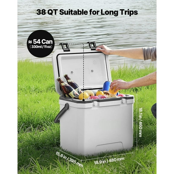 38 QT Hard Cooler with Cup Holder - Heavy-Duty Portable Cooler for Outdoor, Fits 54 Cans