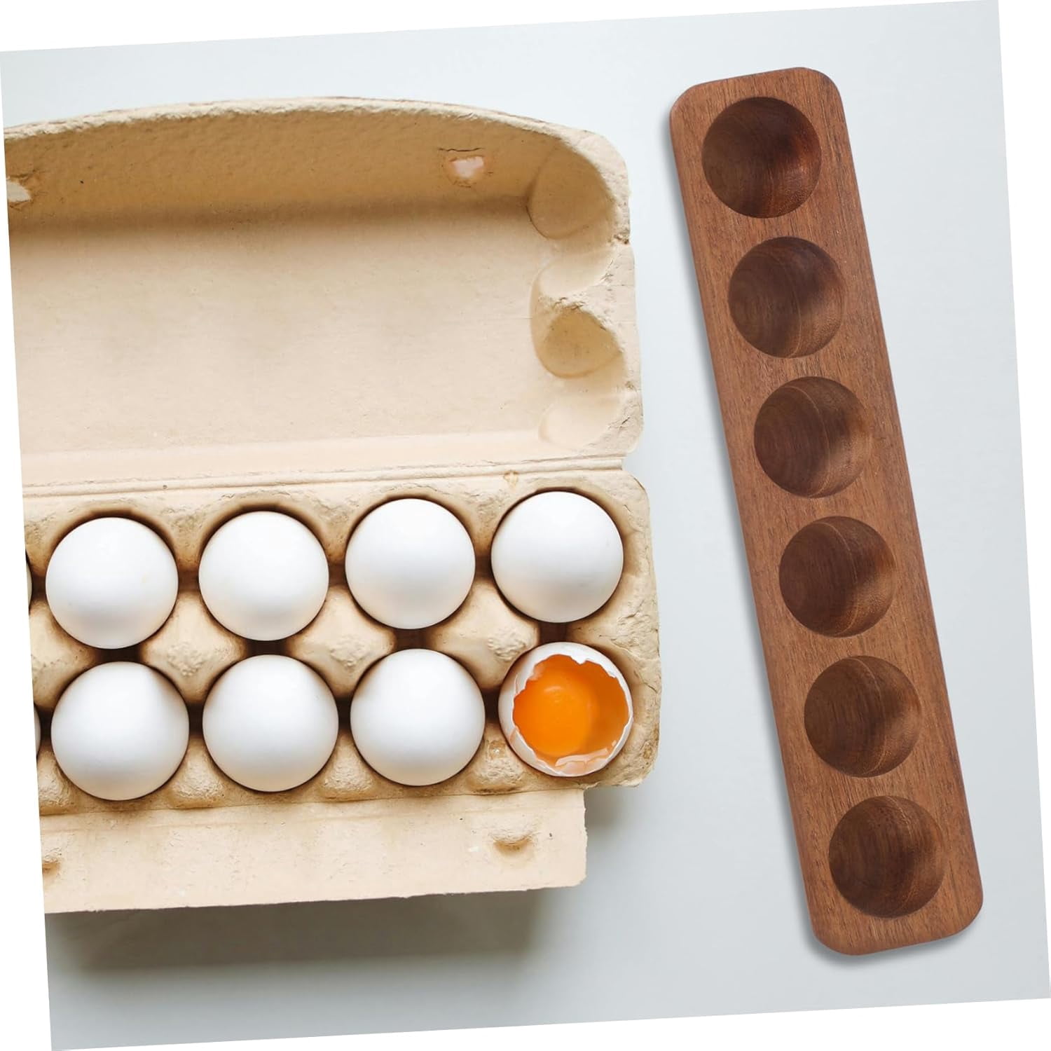 ABCISI Wooden Egg Holder, Space-saving 6-Holes Egg Tray for Refrigerator Storage and Countertop Display, Rustic Egg Storage Rack Deviled Egg Plates, Smooth Finish and Compact Kitchen Organizer