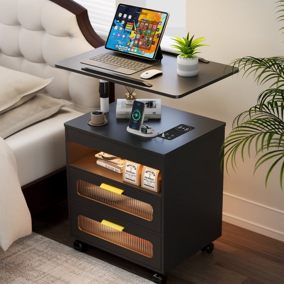 VKCC Modern 2-Drawer Rolling Nightstand with LED & Charging Station, Adjustable Height Bedside Table, Black